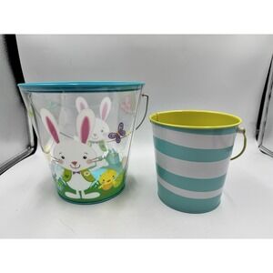 Lot Of 2 Small Plastic Easter Baskets Transparent And Blue And Stripes